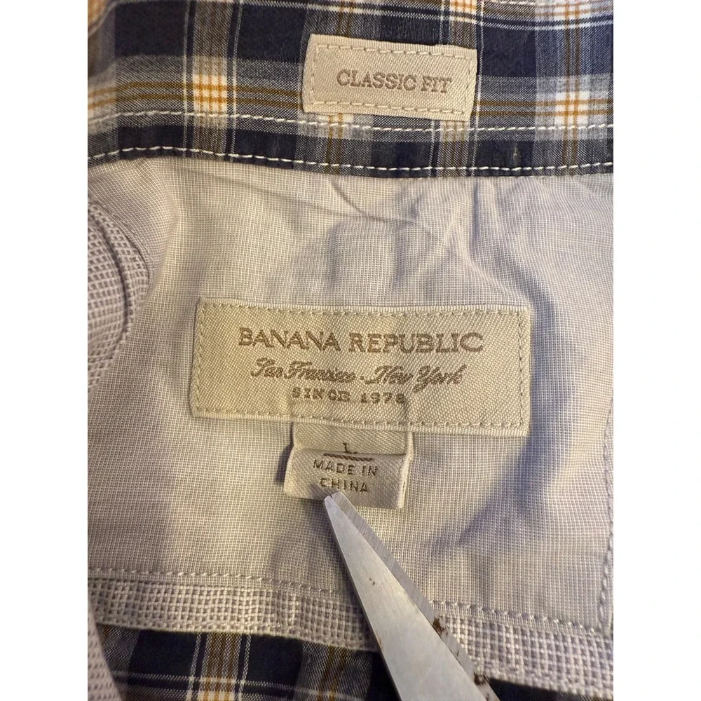 Banana Republic Classic Fit Plaid Button Down Shirt Men's‎ Size L Navy Tan